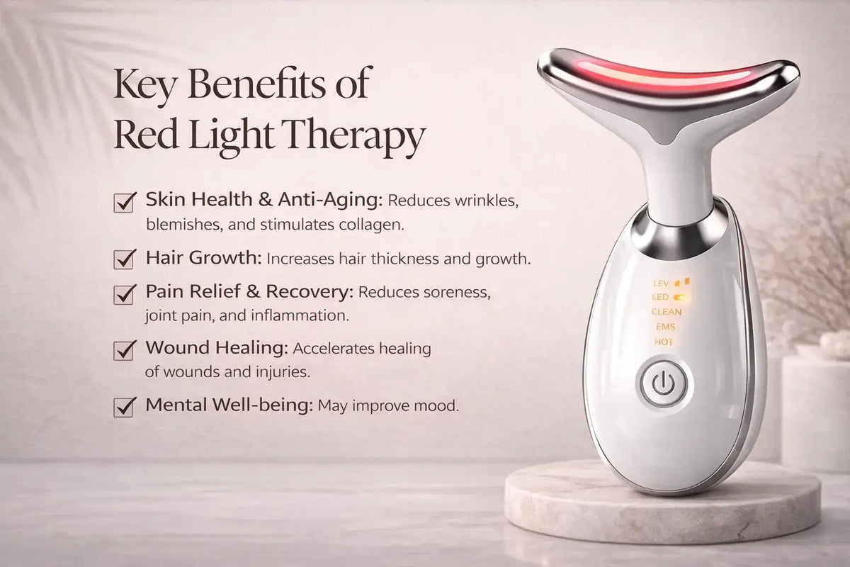 Red light therapy device with key benefits listed on a neutral background