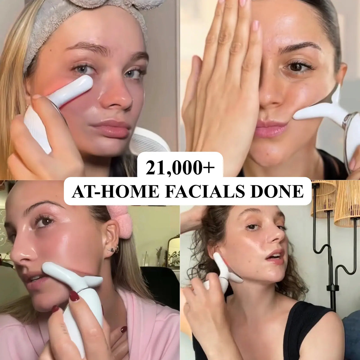 Collage of a woman using a facial device with text indicating the number of at-home facials done.