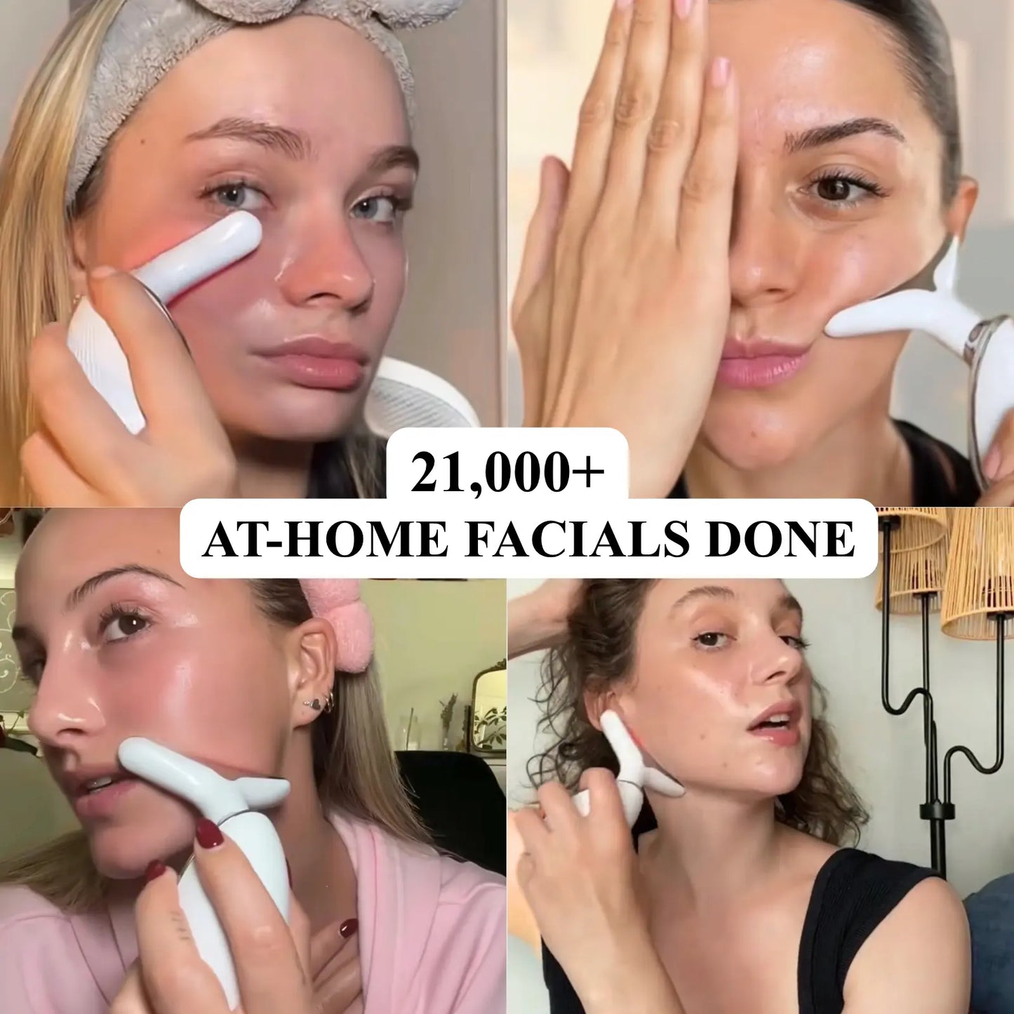 Collage of a woman using a facial device with text indicating the number of at-home facials done.