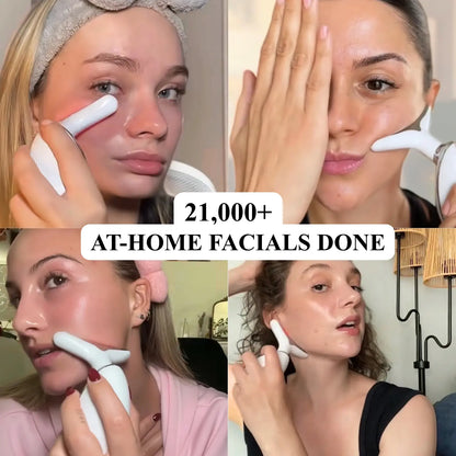 Collage of a woman using a facial device with text indicating the number of at-home facials done.