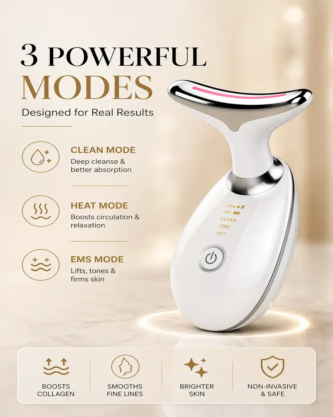 Skincare device with three modes on a beige background
