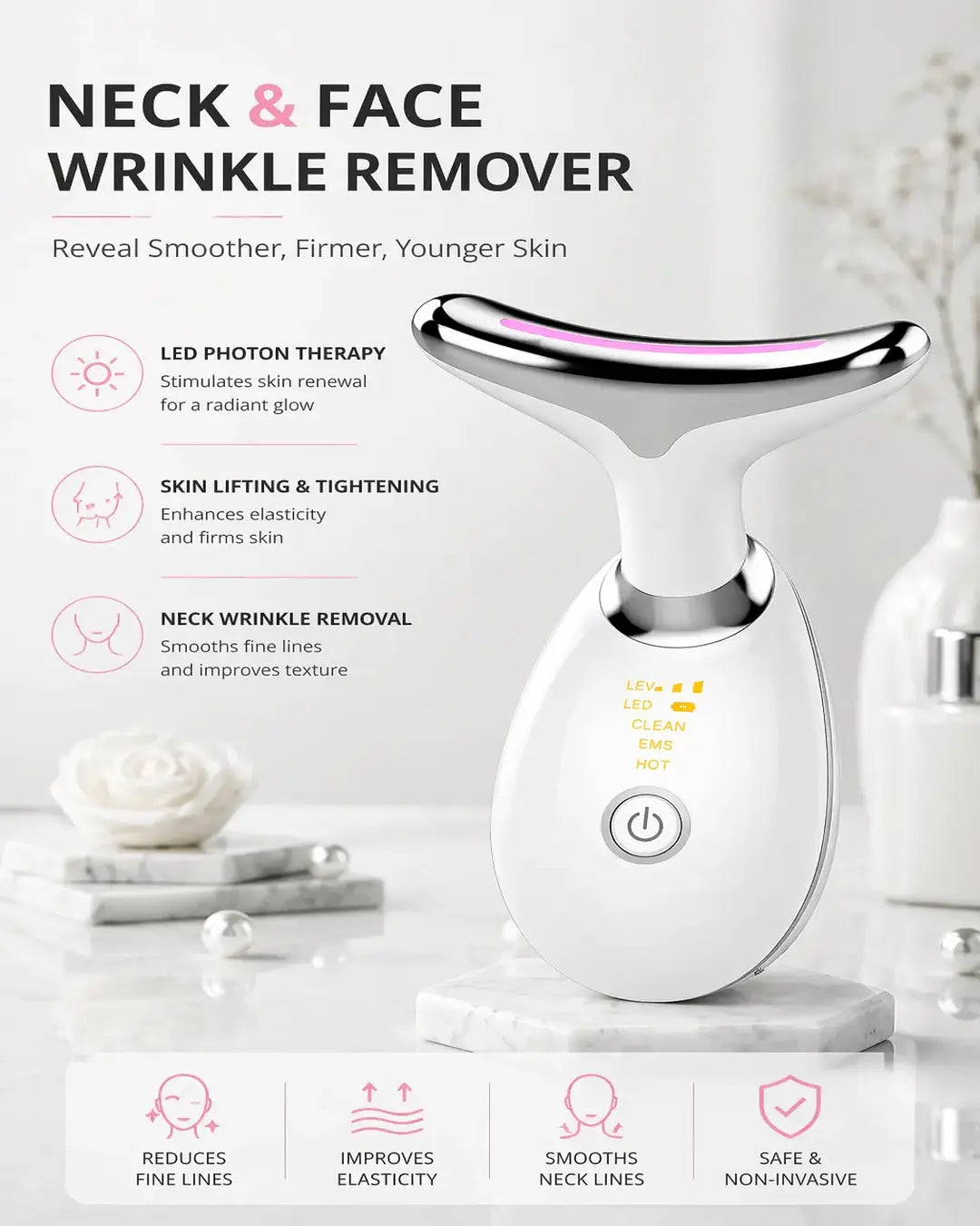 Neck and face wrinkle remover device with features listed on a light background